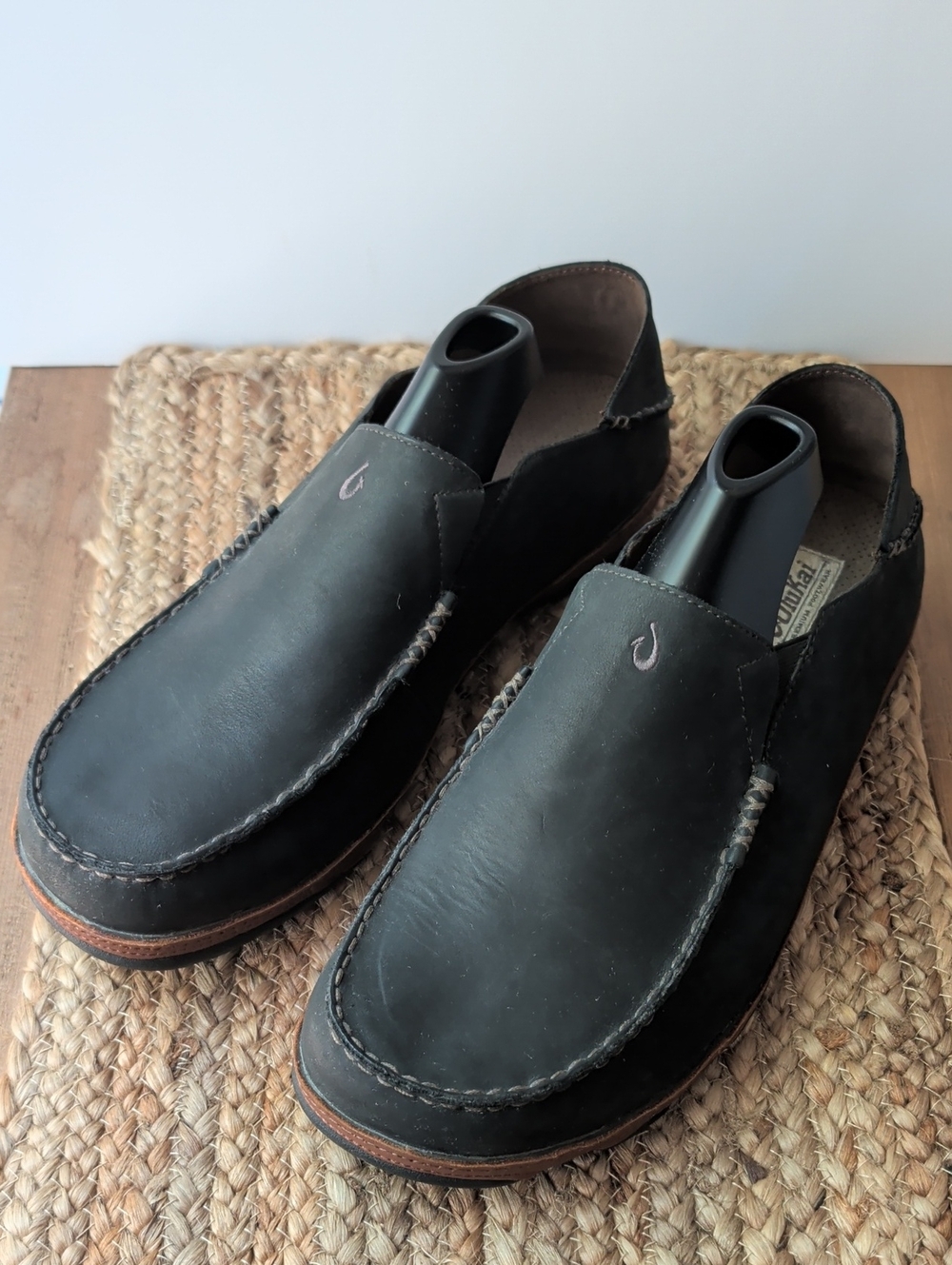 OluKai Black Leather Slip-On Loafers